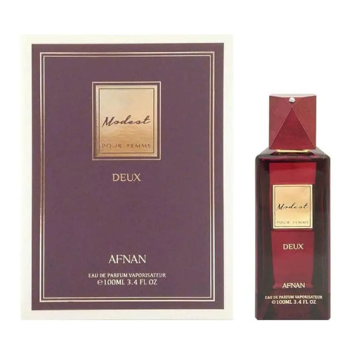 Afnan Modest Deux perfume bottle and box in deep red and purple packaging