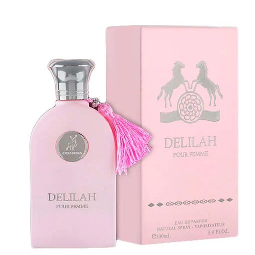 Maison Alhambra Delilah Pour Femme Eau de Parfum 3.4 oz soft pink bottle with decorative tassel and packaging box front view