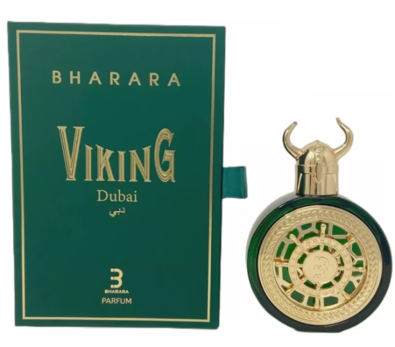 Bharara Viking Dubai Eau De Parfum bottle with green box and gold bull horns stopper