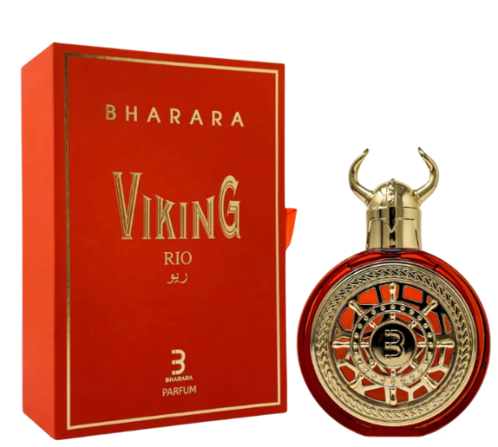 Bharara Viking Rio Eau De Parfum box and red bottle with gold horned cap