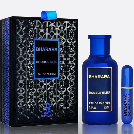 Bharara Double Bleu eau de parfum bottle set with black patterned box, blue glass bottle, and atomizer spray.