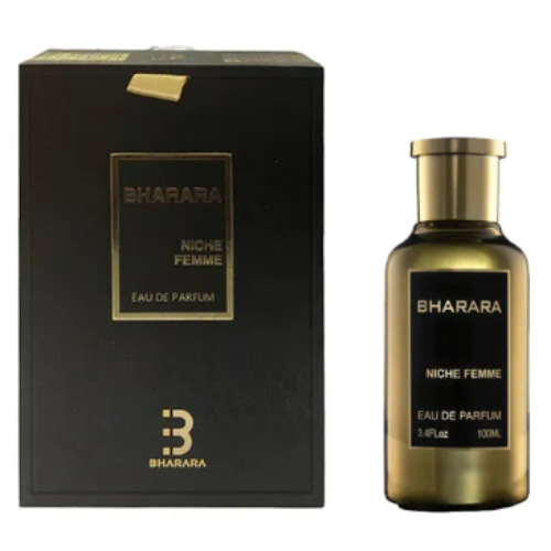 Bharara Niche Femme perfume bottle with black box and gold accents