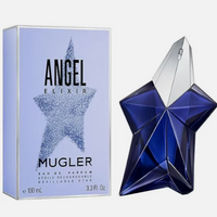 Angel Elixir perfume bottle in deep blue with star shape next to lavender box packaging.