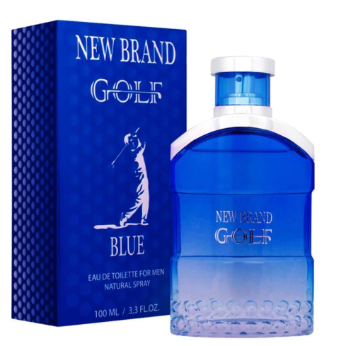 New Brand Golf Blue Eau de Toilette 3.4 oz bottle with blue design and packaging box front view