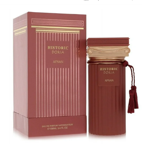 Afnan Historic Doria Eau De Parfum bottle with burgundy box and gold accents
