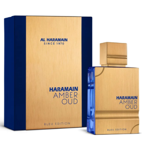 Al Haramain Amber Oud Bleu Edition perfume bottle with wooden box packaging and blue accents