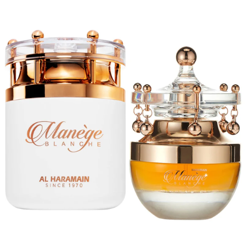 Al Haramain Manege Blanche eau de parfum bottles in white and gold packaging with glass containers