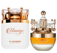 Al Haramain Manege Blanche eau de parfum bottles in white and gold packaging with glass containers