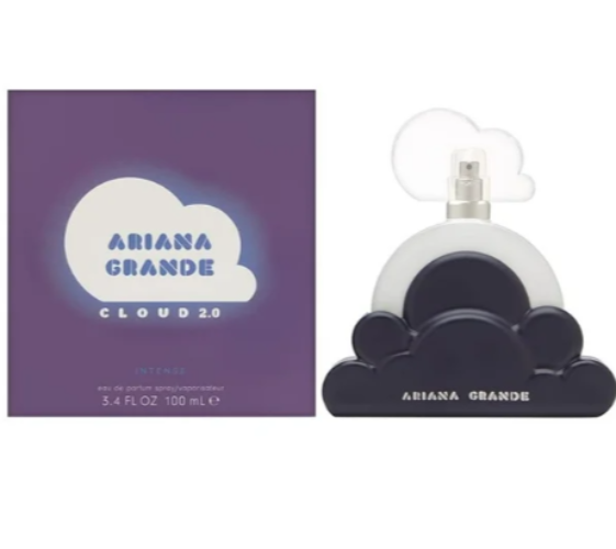Ariana Grande Cloud 2.0 fragrance bottle with black cloud-shaped base and white cloud-shaped cap next to purple box