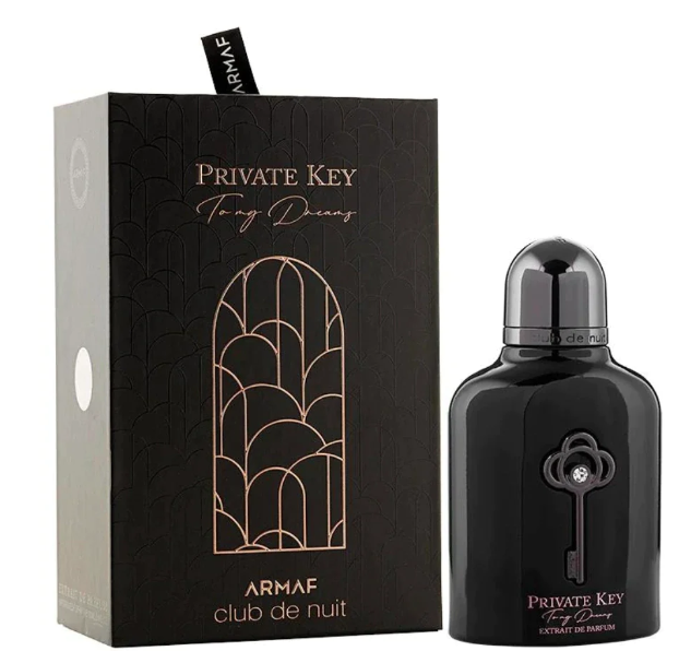 Armaf Club De Nuit Private Key black fragrance bottle next to black branded packaging box