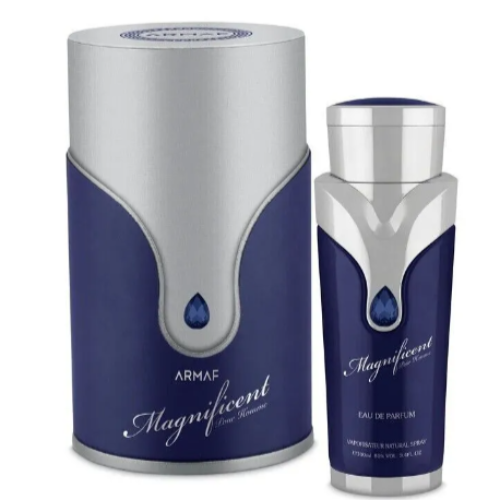 Armaf Magnificient Blue fragrance bottle with cylindrical box and sprayer cap, silver and navy design
