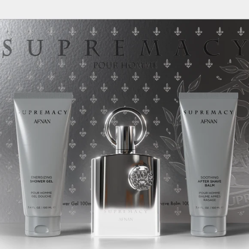 Afnan Supremacy Silver three-piece gift set with cologne bottle and two gray tubes on patterned box.