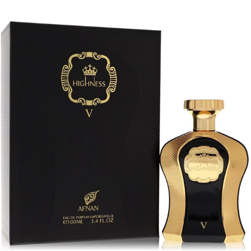 Afnan Highness V Black eau de parfum bottle with gold cap next to black box packaging