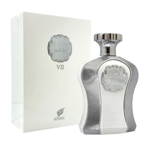 Afnan Highness VII white eau de parfum bottle with silver accents and matching white box packaging