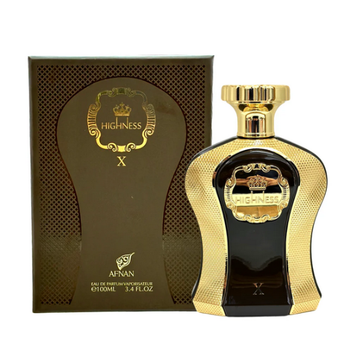 Afnan Highness X brown box and gold bottle with black center panel and gold crown emblem