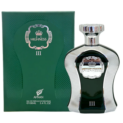 Afnan Highness III green box and black perfume bottle with silver accents, 100ml
