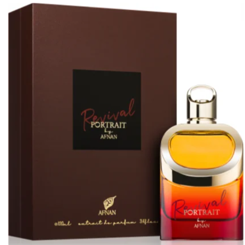 Afnan Revival Portrait bottle with gradient yellow to red liquid next to brown box packaging
