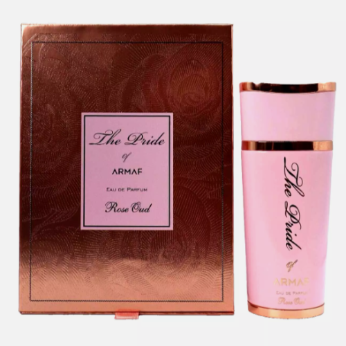Armaf Pride Rose Oud fragrance with burgundy box and pink spray bottle with rose gold accents