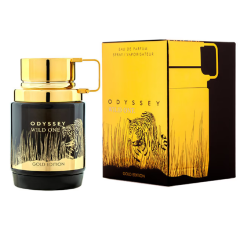 Armaf Odyssey Wild One Gold Edition eau de parfum bottle and packaging box in black and gold with tiger illustration