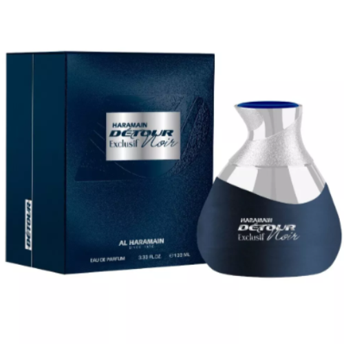 Al Haramain Detour Noir Exclusif perfume bottle with dark blue box packaging