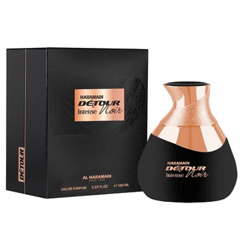 Al Haramain Detour Noir Intense bottle with black and copper design next to packaging box
