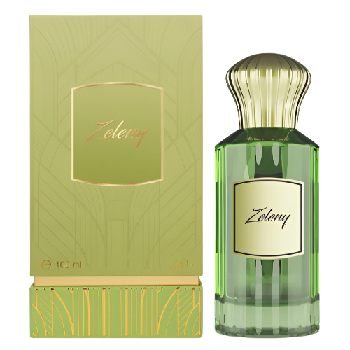 Ahmed Al Maghribi Zeleny Eau de Parfum 3.4 oz light green glass bottle with ribbed design and packaging box front view
