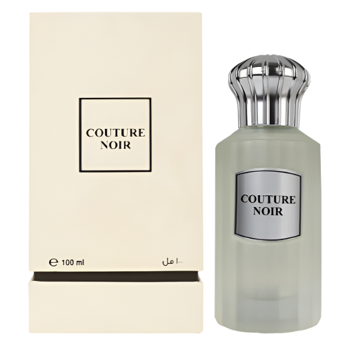 Couture Noir fragrance bottle with box, sage green glass and silver cap