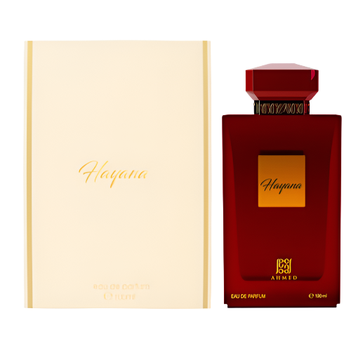 Ahmed Al Maghribi Hayana Eau de Parfum 3.4 oz Maroon bottle with cream packaging box front view