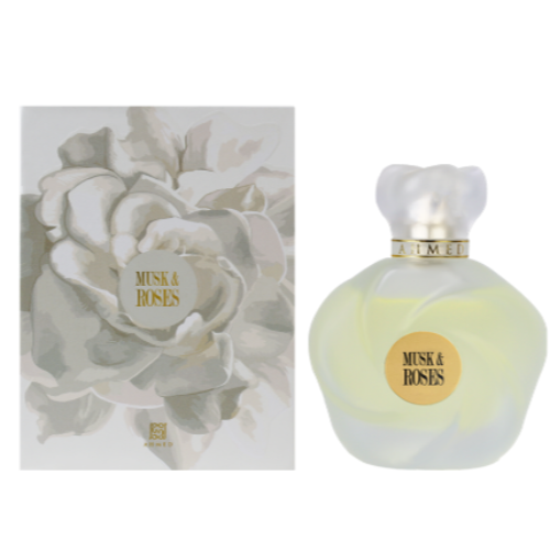 Ahmed Al Maghribi Musk & Roses perfume bottle with pale yellow liquid and box packaging featuring white flower imagery