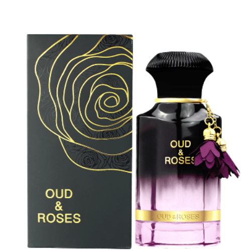 Ahmed Al Maghribi Oud & Roses Eau de Parfum 3.4 oz bottle with packaging box front view
