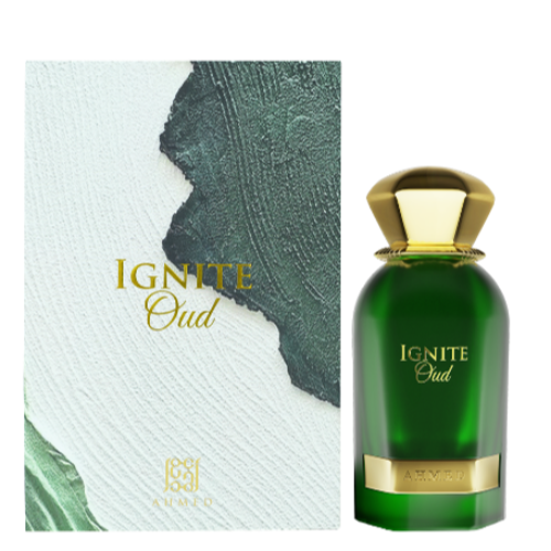 Ahmed Al Maghribi Ignite Oud Eau De Parfum 2.0 Oz green bottle with packaging box front view.