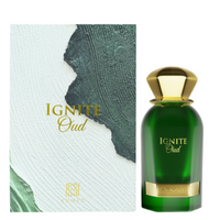 Ahmed Al Maghribi Ignite Oud Eau De Parfum 2.0 Oz green bottle with packaging box front view.