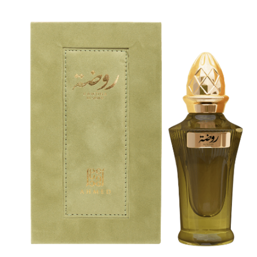 Ahmed Al Maghribi Rawdha fragrance bottle with gold cap next to olive green box
