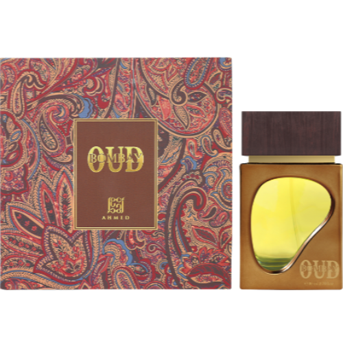 Ahmed Al Maghribi Bombay Oud perfume bottle with ornate red paisley patterned box