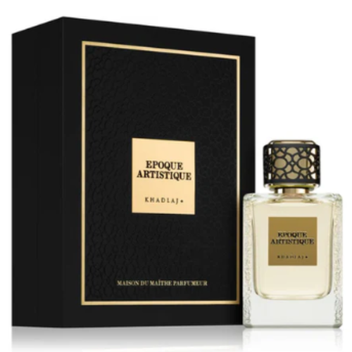 Khadlaj Epoque Artistique Eau de Parfum 3.4 oz clear glass bottle with gold label and lattice cap with black and gold packaging box front view