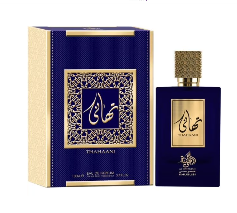 Al Wataniah Thahaani Eau De Parfum bottle with navy and gold packaging box