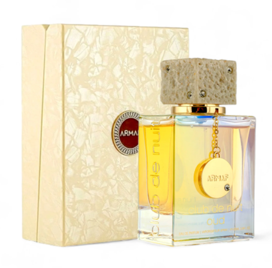 Armaf Club De Nuit Oud Eau de Parfum 3.6 oz transparent bottle with golden juice and cream packaging box front view