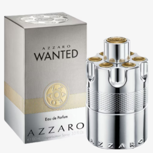 Azzaro Wanted Eau De Parfum box and silver bottle with gold accents