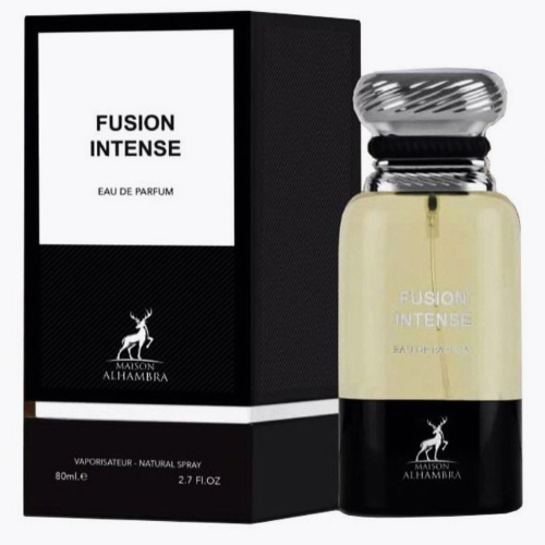 Maison Alhambra Fusion Intense Eau de Parfum 2.7 oz dual tone bottle with metallic textured cap and black and white packaging box front view