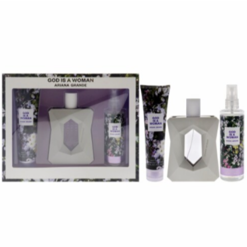 Ariana Grande God Is A Woman fragrance set with bottle, body lotion, body mist, and shower gel in purple and grey packaging.