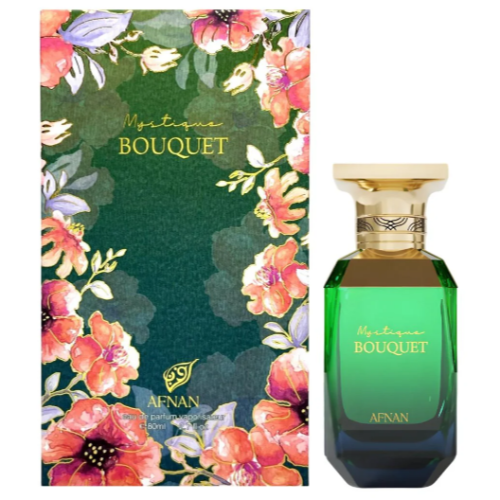 Afnan Mystique Bouquet perfume bottle with floral packaging box in green and coral tones