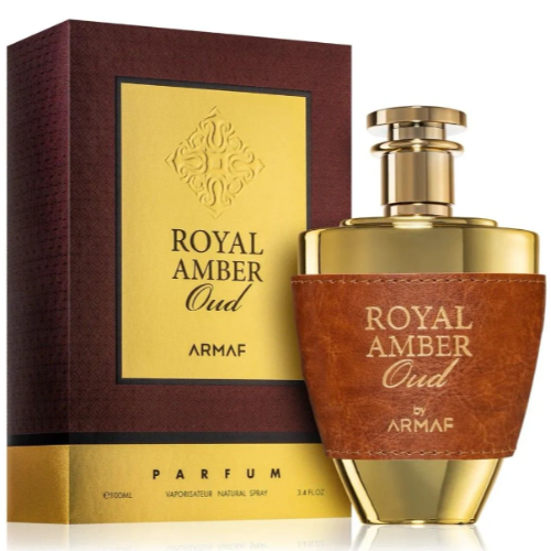 Armaf Royal Amber Oud Parfum bottle with brown leather wrap next to burgundy and gold box