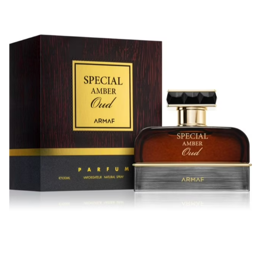 Armaf Amber Oud Eau De Parfum bottle and dark wood box with gold label
