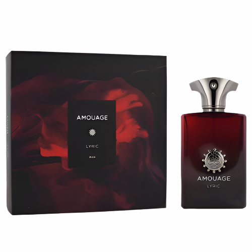 Amouage Lyric Eau De Parfum bottle with dark red box packaging displayed side by side.