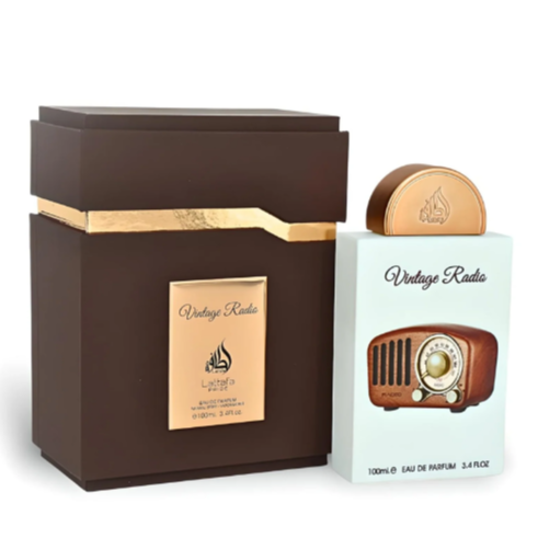 Lattafa Pride Vintage Radio Eau de Parfum 3.4 oz bottle with vintage inspired design and packaging box front view