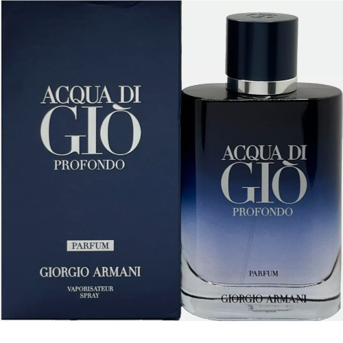 Acqua Di Gio Profondo Parfum bottle and box set, dark blue packaging with silver text and dark glass bottle with black cap.