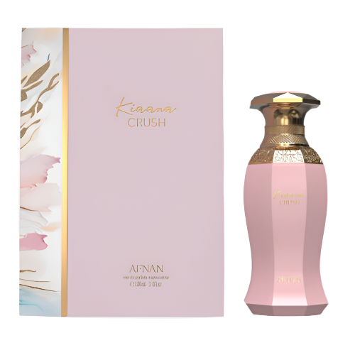Afnan Kiaana Crush perfume bottle in pink with gold cap next to pastel box packaging