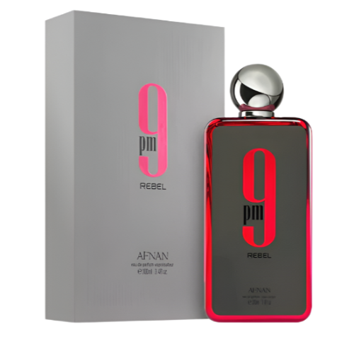 Afnan 9 Pm Rebel Eau De Parfum bottle with gray box and silver cap display.