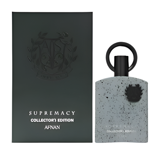 Afnan Supremacy Collector's Edition bottle with speckled gray container and black cap next to dark packaging box.