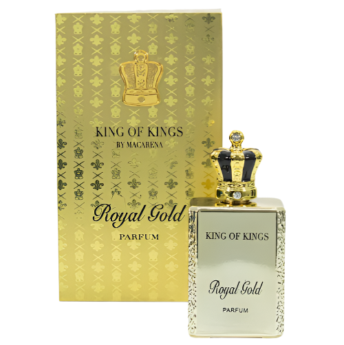 Macarena King Of Kings Royal Gold Eau de Parfum gold bottle 3.4 oz with black and gold crown cap packaging box front view